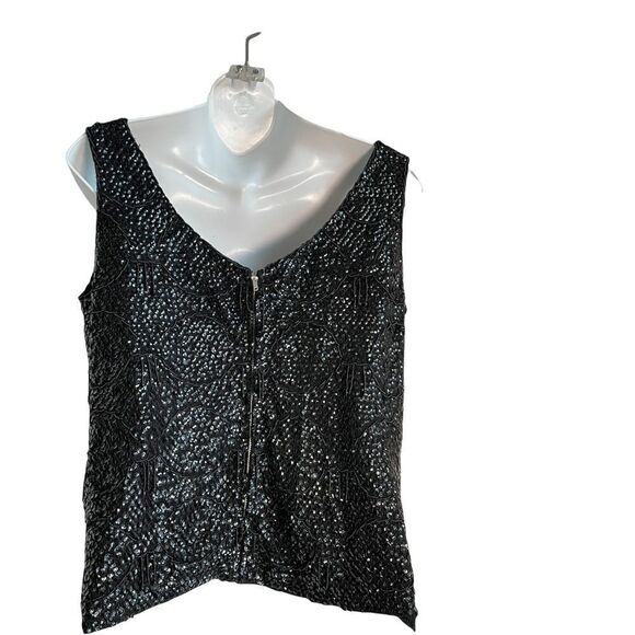 Vintage 1960s Black Sequined Crystal Embellishments Scalloped Formal Party Top M - Picture 15 of 17